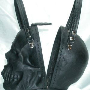 black leather skull purse side view