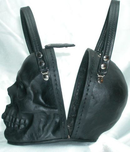 black leather skull purse side view
