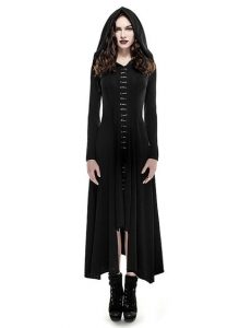 Black Gothic Knitted Long Sleeve Hooded Dress