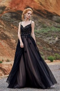 Long Black A-Line Tulle and Lace Gothic Wedding Dress