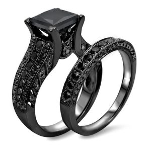 4.35ct Princess Cut Black Diamond Engagement Ring Wedding Bridal Set