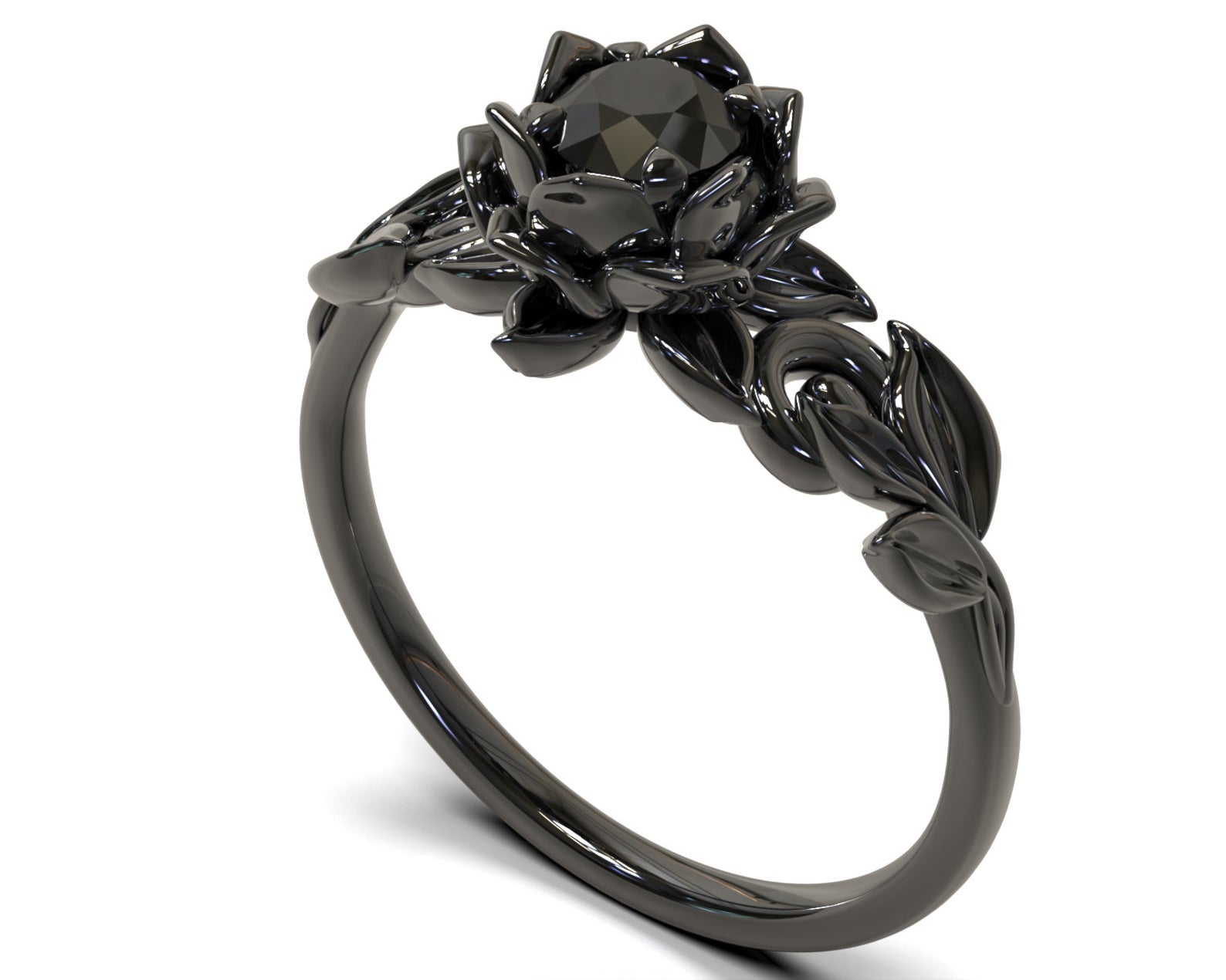 Black Diamond Black Gold Flower Gothic Engagement Ring