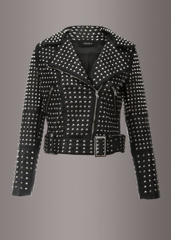 Black Faux Leather All Over Studded Biker Jacket