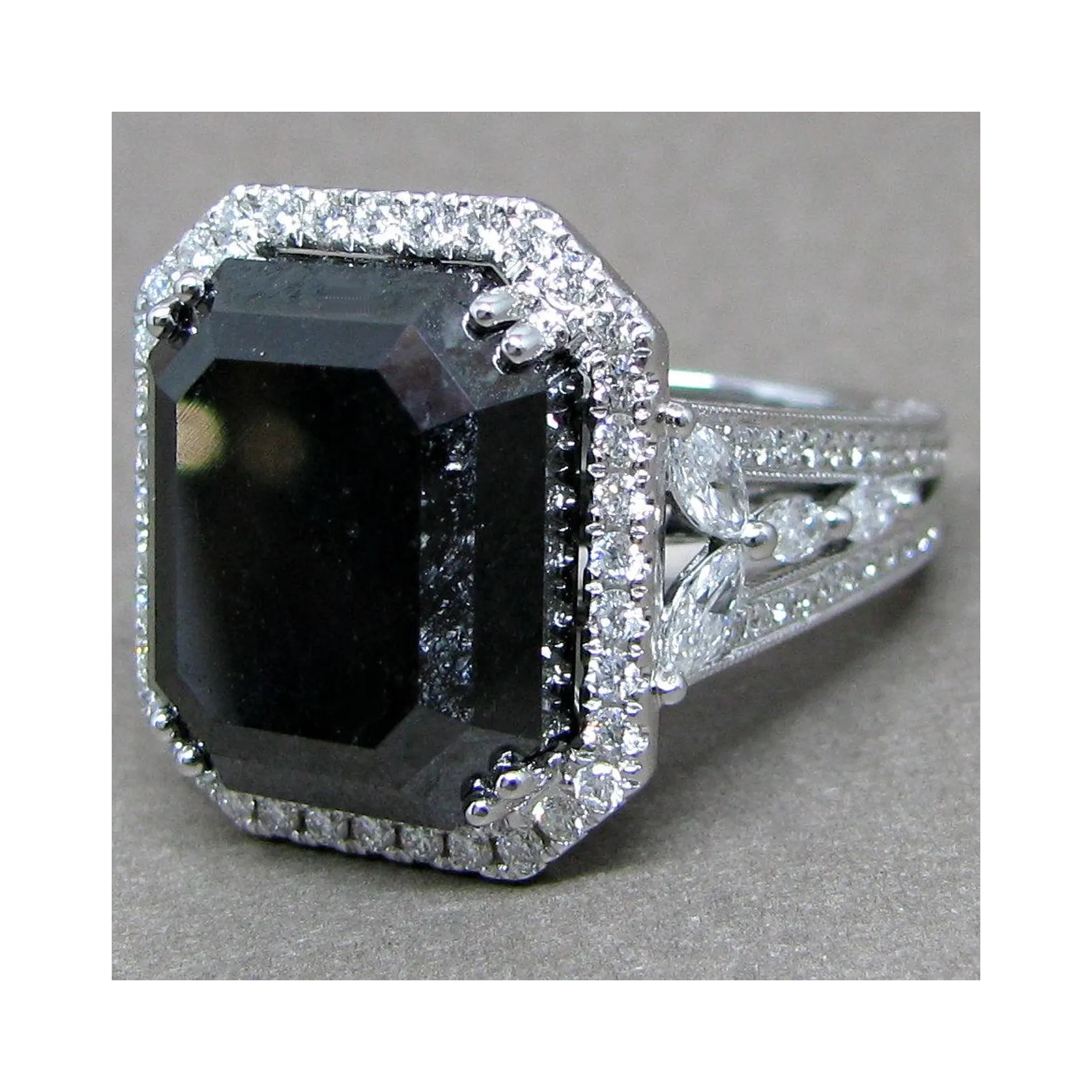 Gothic 23ct Emerald Cut Black Natural Diamond Halo Engagement Ring
