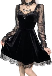 Gothic Black Velvet Lace Sleeve Dress