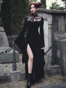 Long Black Gothic Bell Sleeve Thigh Slit Dress