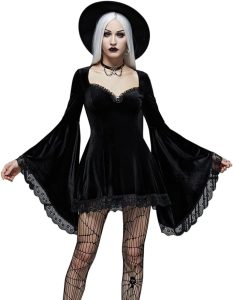 Short Black Velvet Bell Sleeve Gothic Dress
